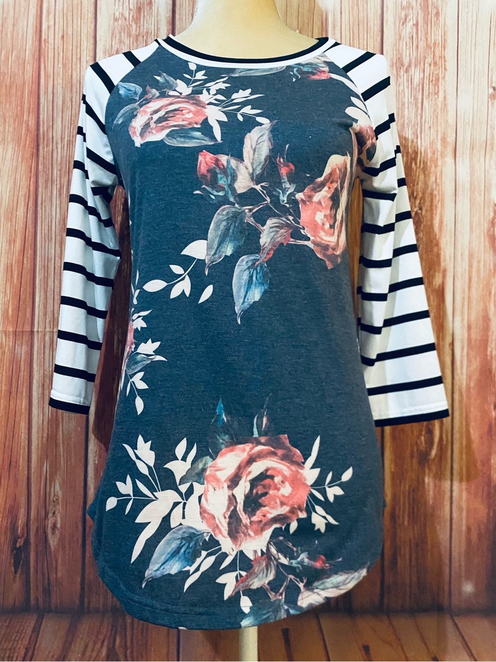 Women’s Small Blouse Tickled Teal Floral Striped 3/4 Sleeves Soft Stretch Sleeve